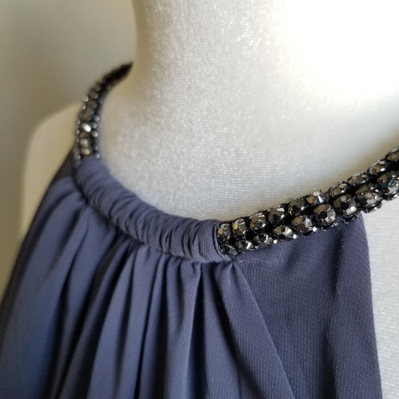 SLNY S.L. Fashions Solid Chiffon Split Front Halter Dress, Steel Grey, 8P Petite - Picture 3 of 15